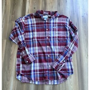 Columbia Red Blue Plaid Cotton Stretch Button Up Shirt Men's XXL Outdoors Hiking